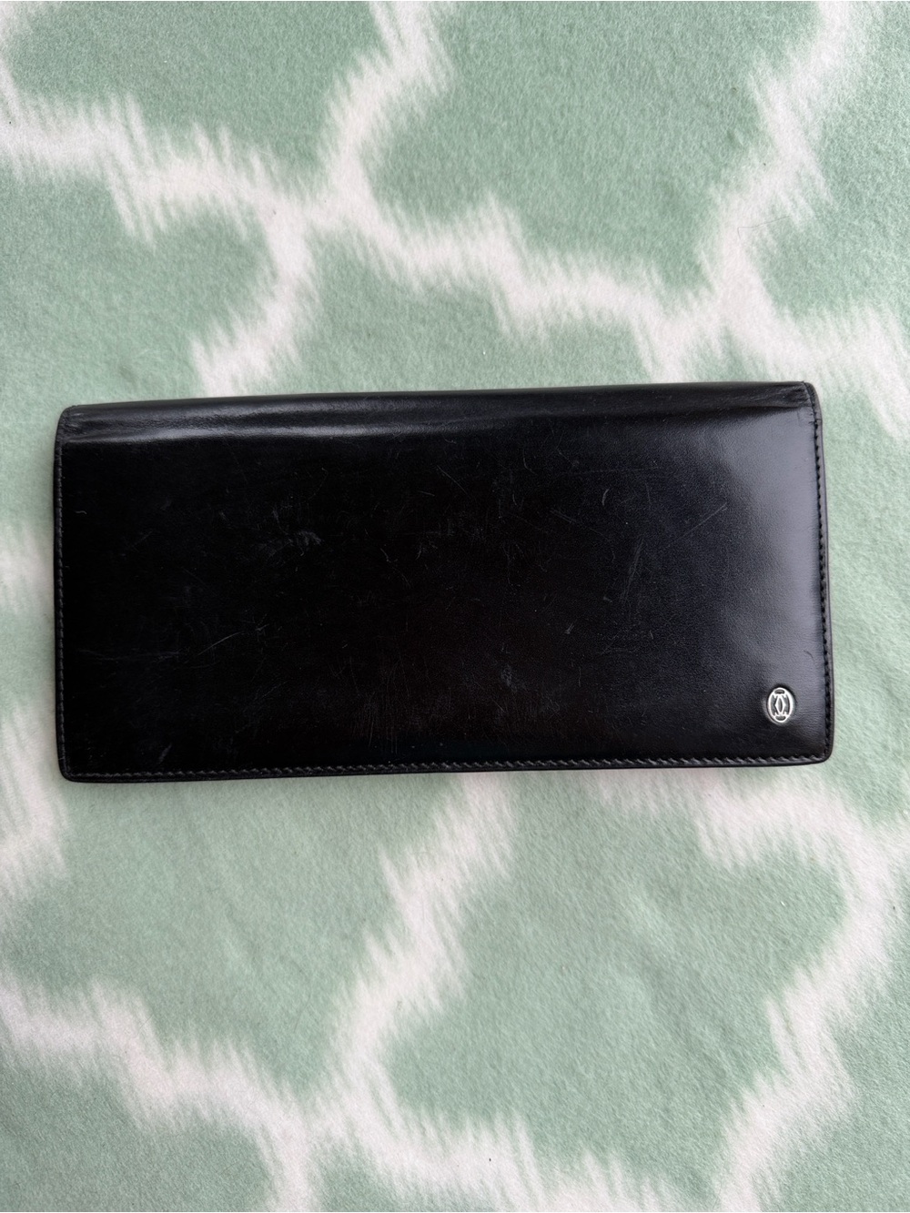 Vintage Cartier Black Leather Bifold Continental Wallet with Silver Logo